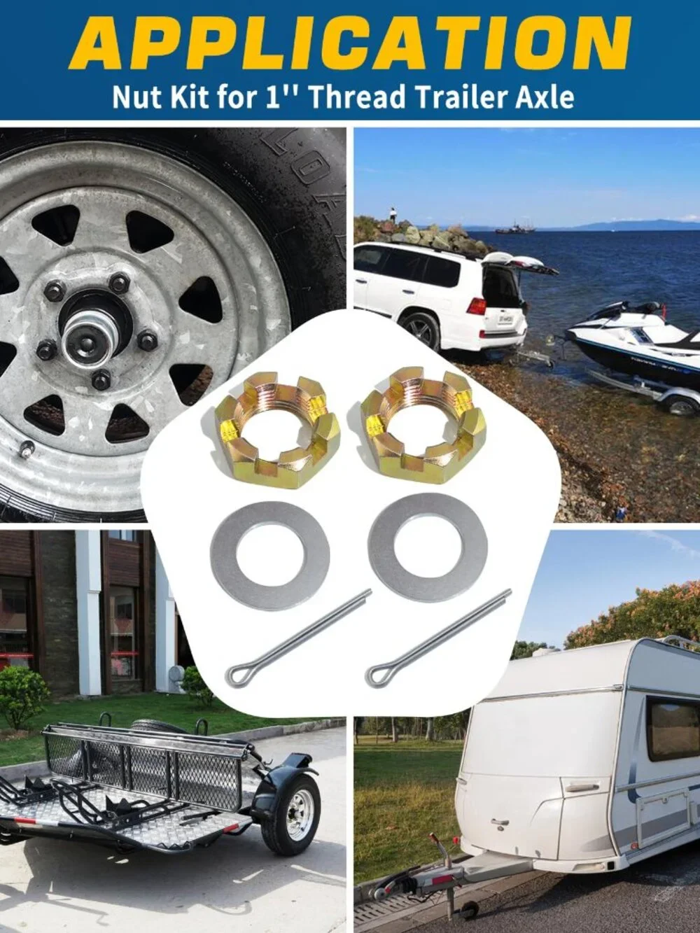 2Sets 1'' Trailer Axle Nut Kits 1'' Thread Spindle Castle Nuts Set with 1